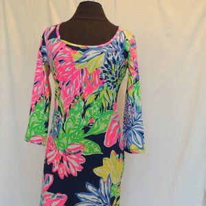 New Lilly Pulitzer Sz S Kenzie Dress Resort Navy Cotton 3/4 Sleeves Midi